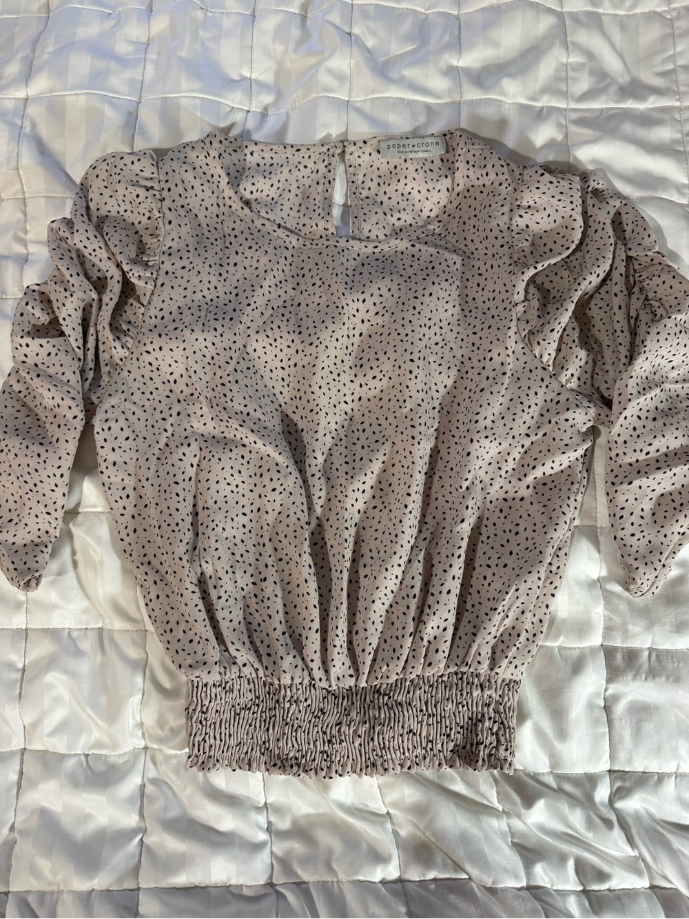 Paper Crane Light Blush Pink Puff Sleeve Smocked Hem Top